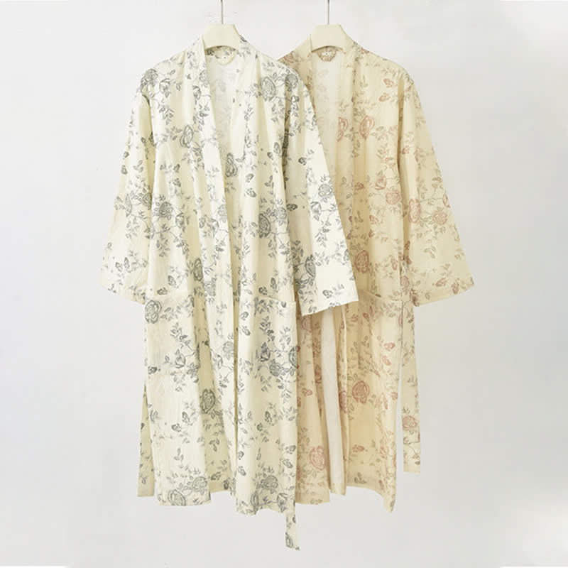 Pastoral Floral Cotton Linen Kimono Robe