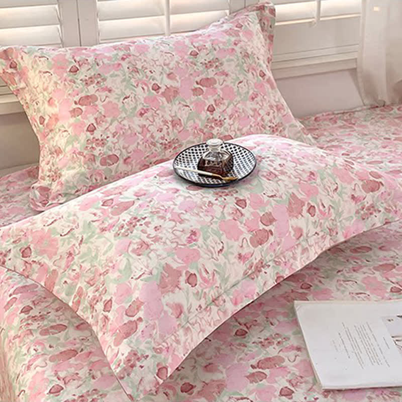 Pink Floral Pure Cotton Bedding Set(4PCS)