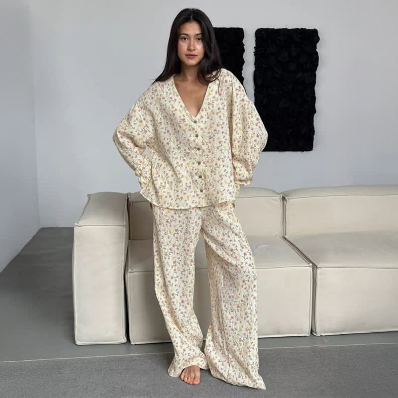 Cotton V-Neck Floral Pajama Set