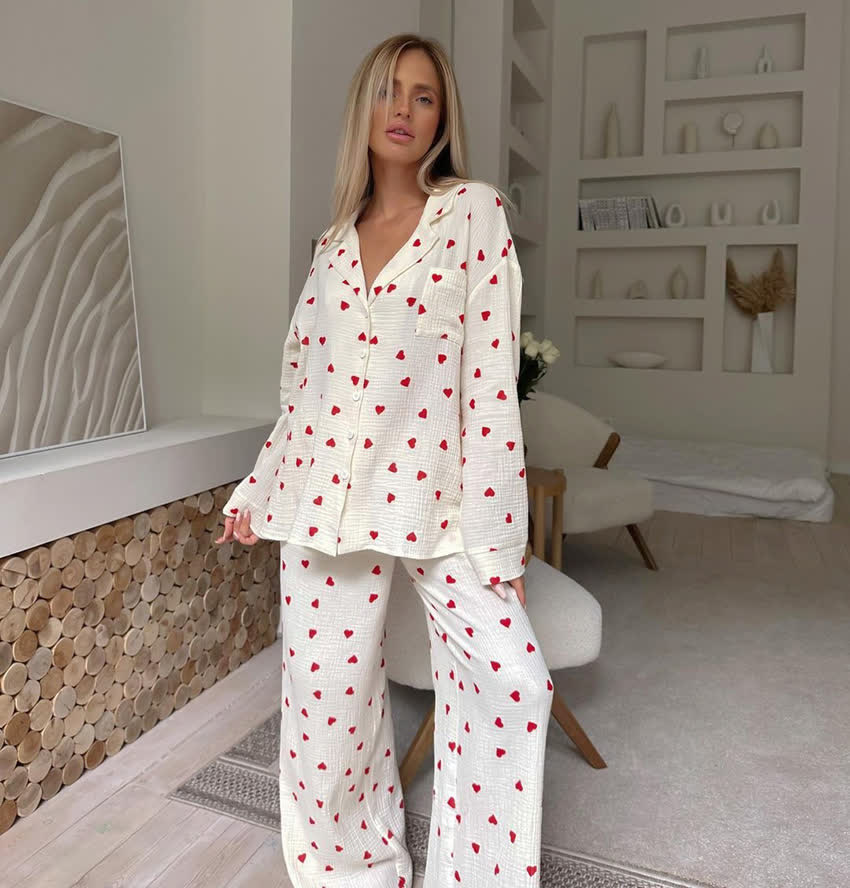 Cotton Red Heart Print Pajama Set