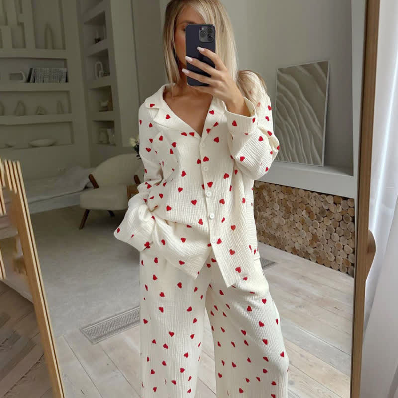 Cotton Red Heart Print Pajama Set