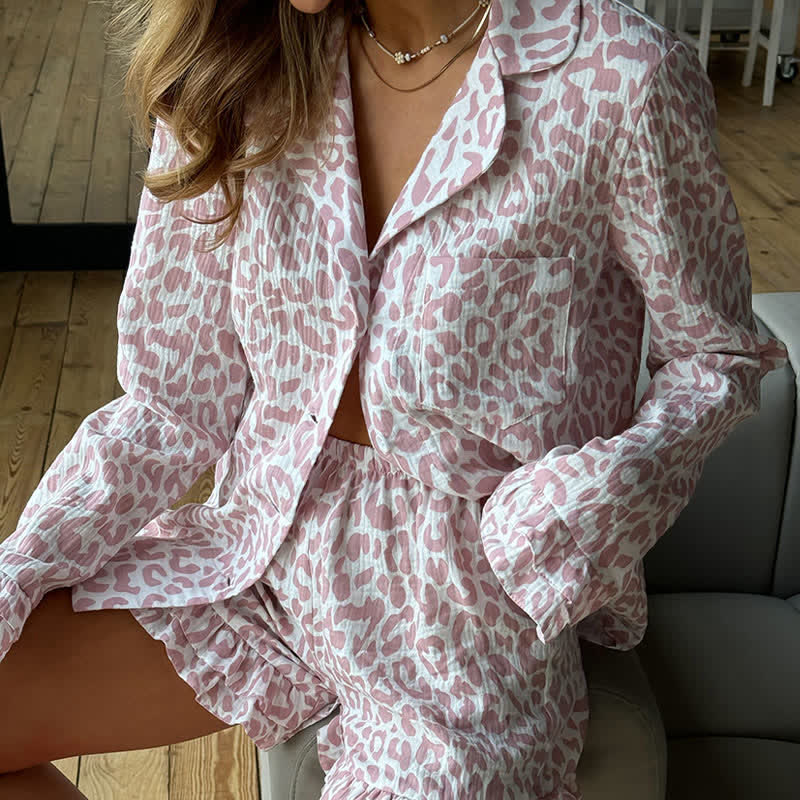 Cotton Leopard Print Ruffle Pajama Set