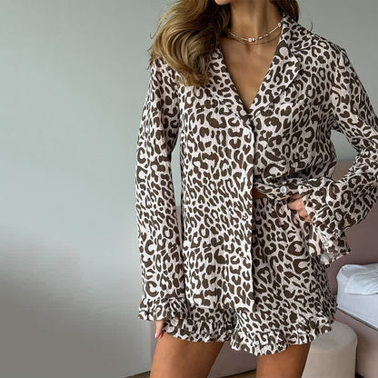 Cotton Leopard Print Ruffle Pajama Set
