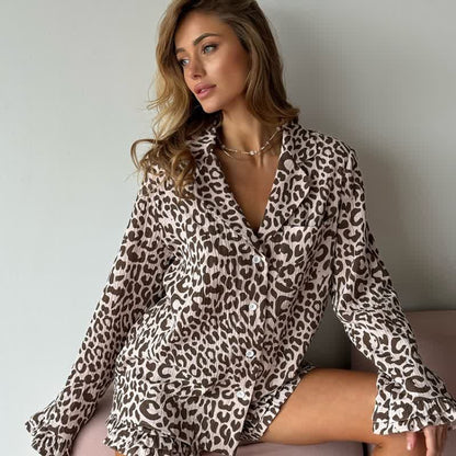 Cotton Leopard Print Ruffle Pajama Set