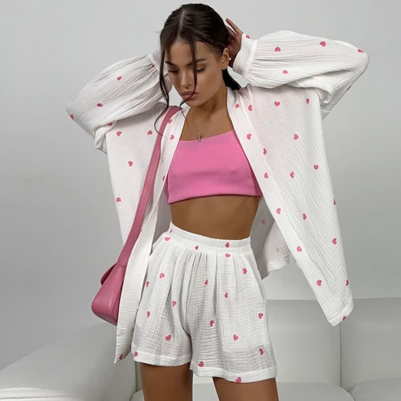 Cotton Heart Print Wrap Pajama Set