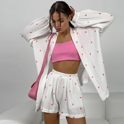 Cotton Heart Print Wrap Pajama Set