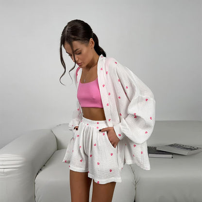 Cotton Heart Print Wrap Pajama Set