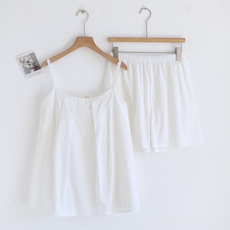 Cotton Jacquard Camisole Pajamas with Floral Detail