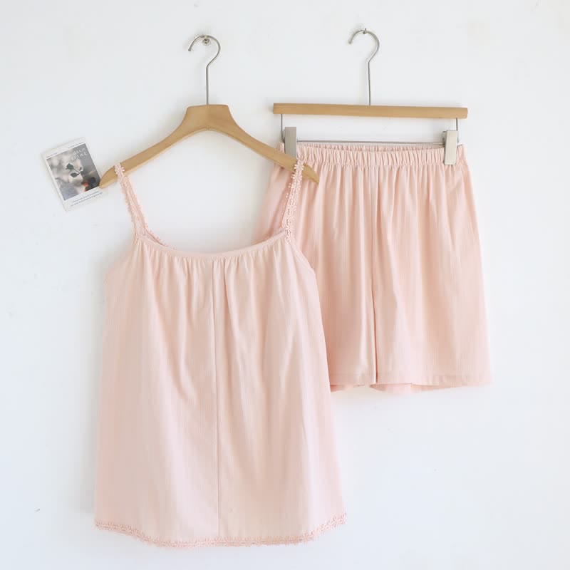 Cotton Jacquard Camisole Pajamas with Floral Detail