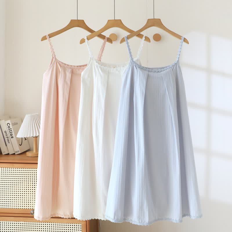Cotton Jacquard Camisole Nightgown with Floral Detail