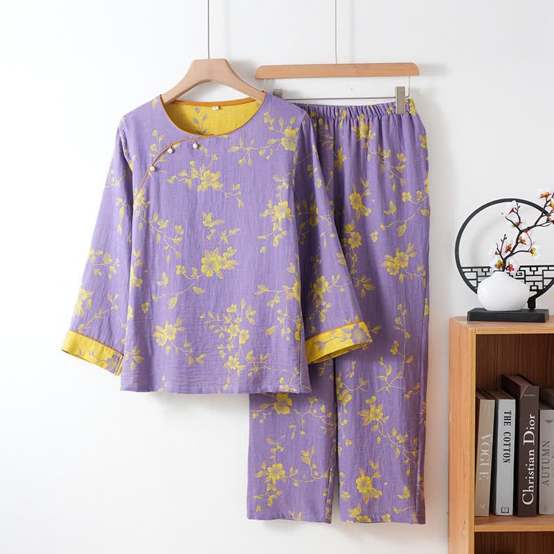 Asian Inspired Floral Cotton Pajama Set