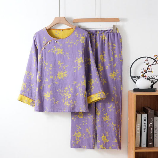 Asian Inspired Floral Cotton Pajama Set 2XL Autumn Cotton Floral Jacquard L Long Sleeve Loungewear M newin260331 Nightie Pajama Purple Set Sleepwear Spring Summer women XL
