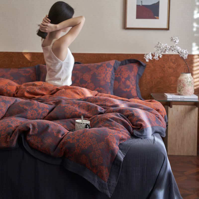 Vintage Floral Cotton Double Gauze Bedding(4PCS)