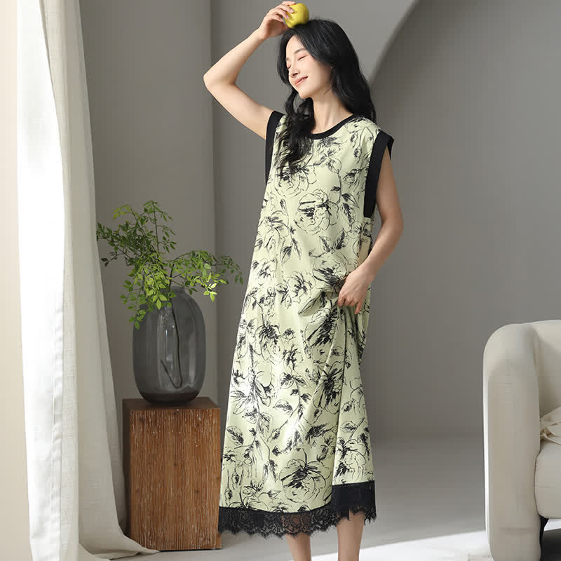 Artistic Floral Cotton Sleeveless Lace Nightgown