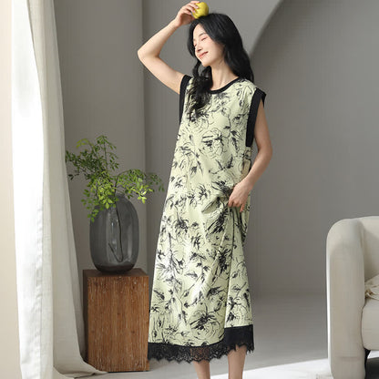Artistic Floral Cotton Sleeveless Lace Nightgown