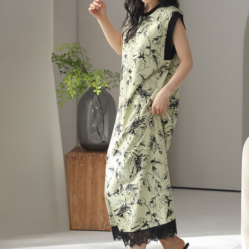 Artistic Floral Cotton Sleeveless Lace Nightgown
