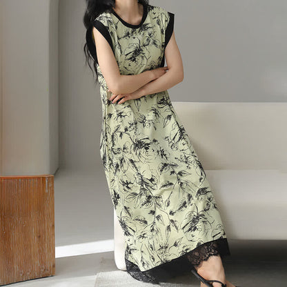 Artistic Floral Cotton Sleeveless Lace Nightgown