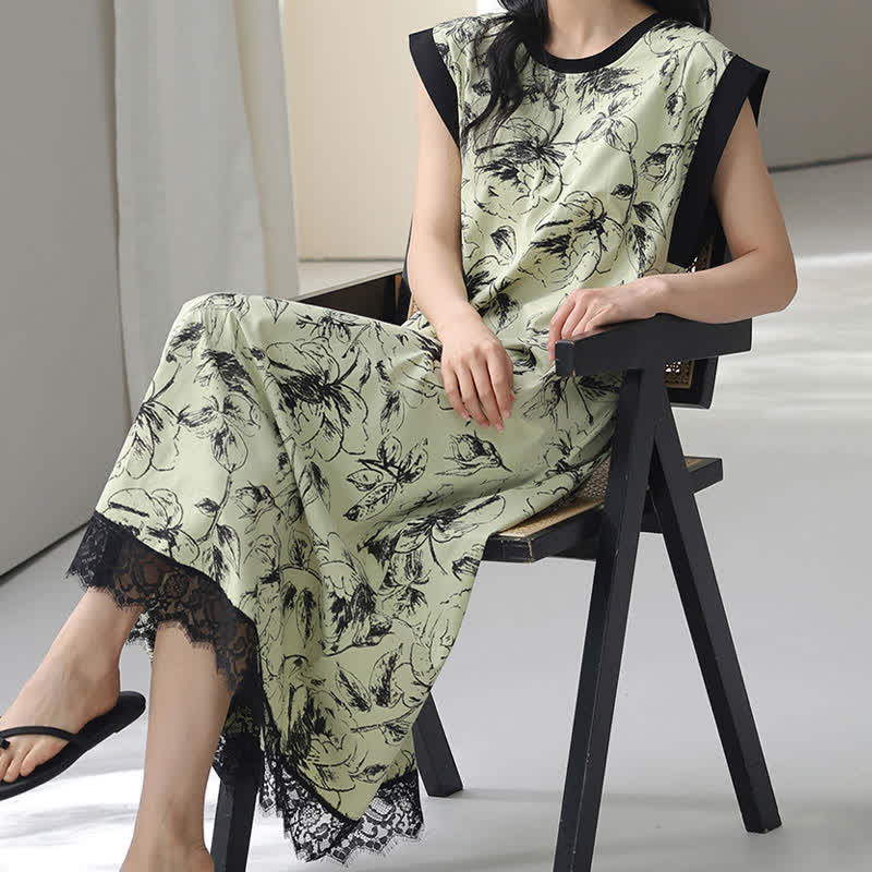 Artistic Floral Cotton Sleeveless Lace Nightgown
