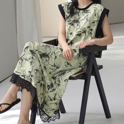 Artistic Floral Cotton Sleeveless Lace Nightgown