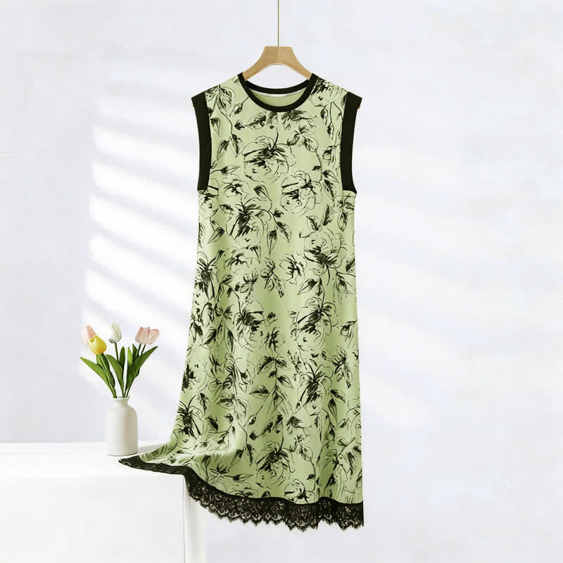 Artistic Floral Cotton Sleeveless Lace Nightgown