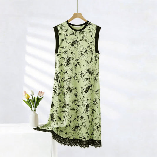 Artistic Floral Cotton Sleeveless Lace Nightgown Breathable Cotton Cotton-rich Floral Green Lace Trim Loungewear Maxi Dress newin260403 Nightdress Nightgown Nightie Pajama Resort Wear Side Pockets Sleepwear Sleeveless Summer Tank