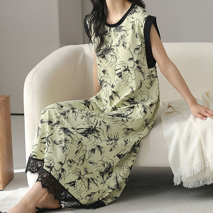 Artistic Floral Cotton Sleeveless Lace Nightgown
