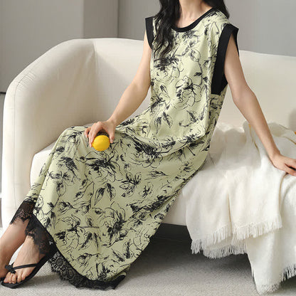 Artistic Floral Cotton Sleeveless Lace Nightgown