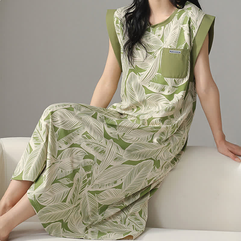 Botanical Cotton Sleeveless Lounge Dress