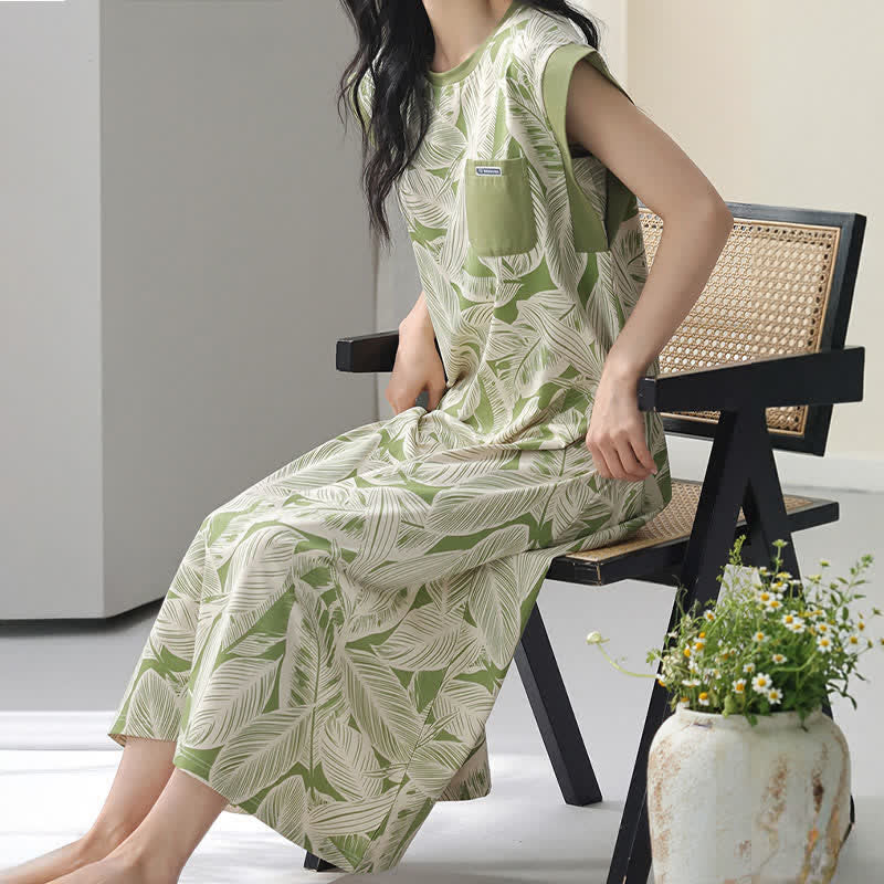Botanical Cotton Sleeveless Lounge Dress