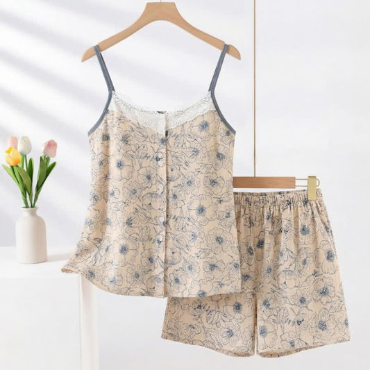 Artistic Line Floral Sleeveless Pajama Set 2XL Autumn Camisole Floral L Loungewear M newin260407 Nightie Pajama Set Shorts Sleepwear Sleeveless Spring Summer women XL XXL