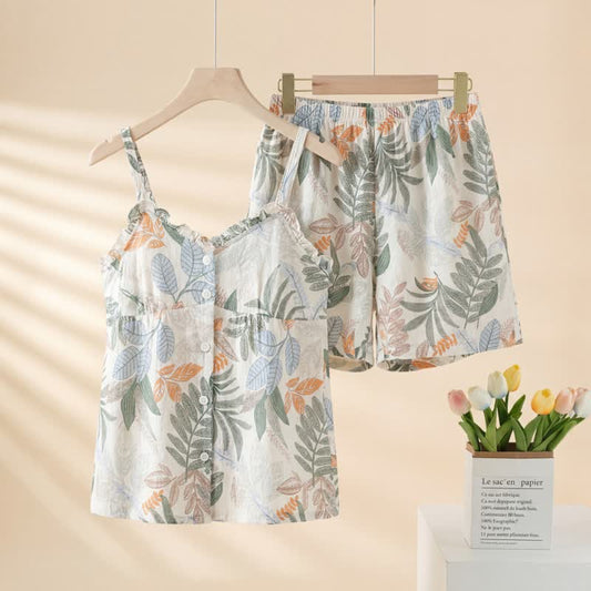 Botanical Leaf Sleeveless Pajama Set 2XL Autumn Camisole L Leaf Loungewear M newin260407 Nightie Pajama Ruffle Set Shorts Sleepwear Sleeveless Spring Summer women XL XXL