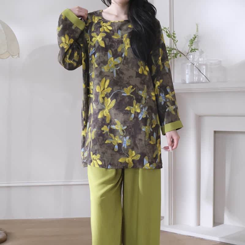Retro Floral Eastern-Inspired Pajama Set