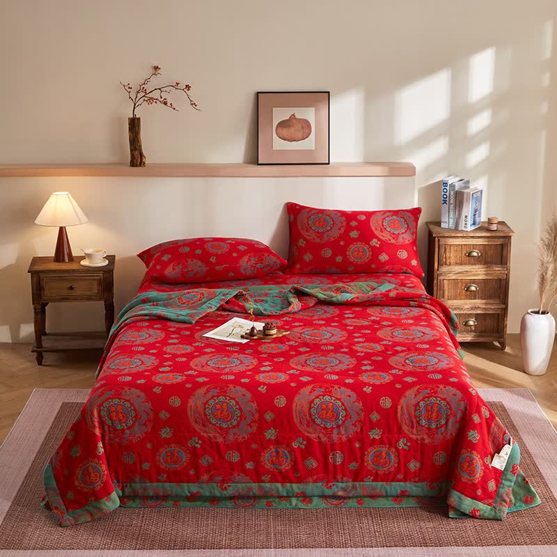 Cotton Gauze Retro Auspicious Jacquard Quilt