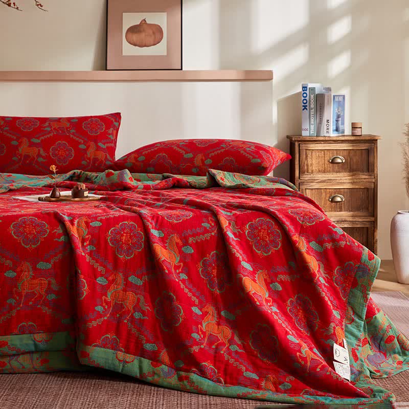 Cotton Gauze Vintage Horse Jacquard Quilt