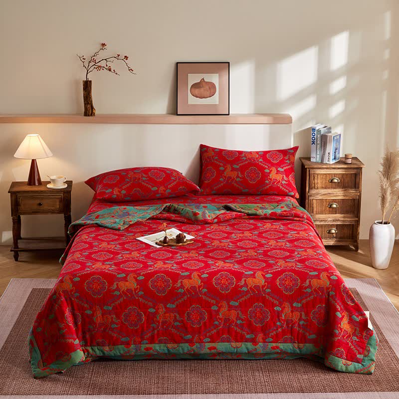 Cotton Gauze Vintage Horse Jacquard Quilt