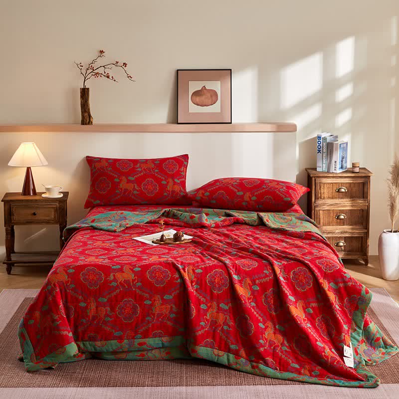 Cotton Gauze Vintage Horse Jacquard Quilt