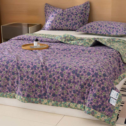 Crabapple Blossom-Inspired Cotton Linen Quilt 0612sms Autumn bed Bed Blanket bedding Cotton Linen Crabapple Blossom Floral Full Full Size Green newin260409 Purple Queen Queen Size Quilt Spring Summer Twin