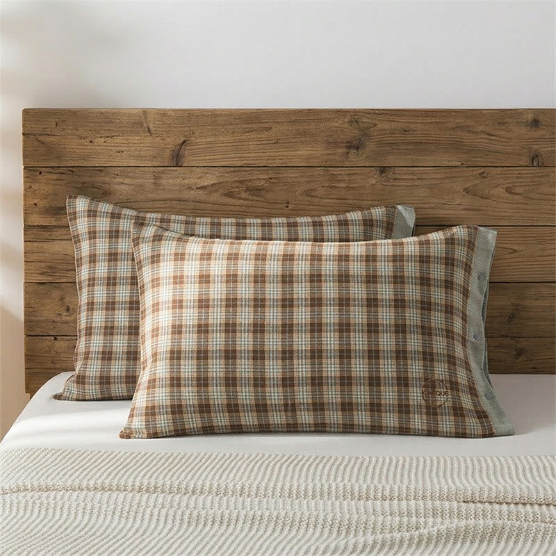 Vintage Plaid Button Pure Cotton Pillowcases (2PCS)
