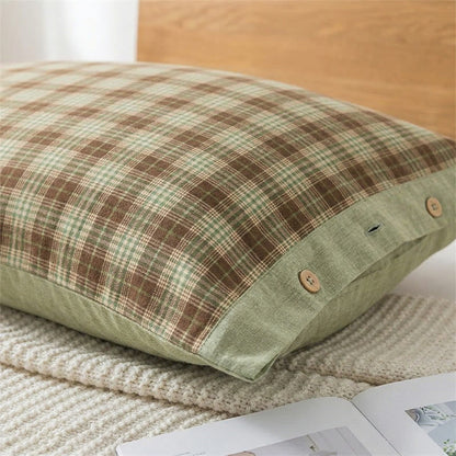 Vintage Plaid Button Pure Cotton Pillowcases (2PCS)