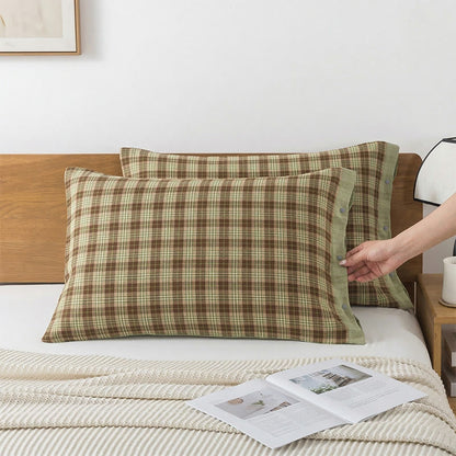 Vintage Plaid Button Pure Cotton Pillowcases (2PCS)