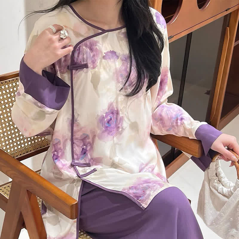 Watercolor Purple Floral Eastern-Inspired Pajama Set