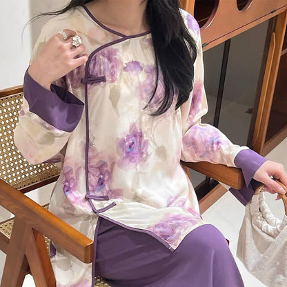 Watercolor Purple Floral Eastern-Inspired Pajama Set