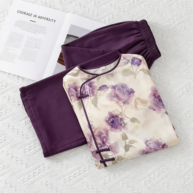 Watercolor Purple Floral Eastern-Inspired Pajama Set