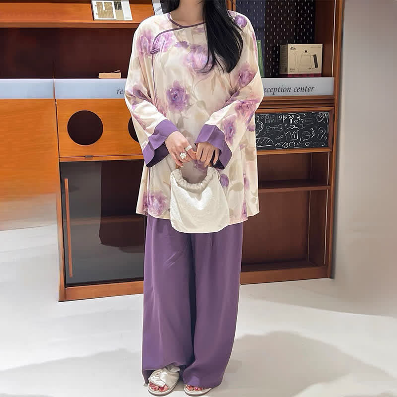Watercolor Purple Floral Eastern-Inspired Pajama Set