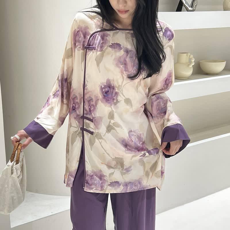 Watercolor Purple Floral Eastern-Inspired Pajama Set