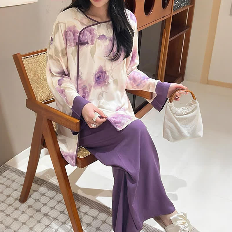 Watercolor Purple Floral Eastern-Inspired Pajama Set