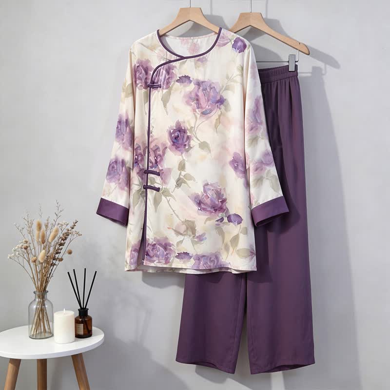 Watercolor Purple Floral Eastern-Inspired Pajama Set