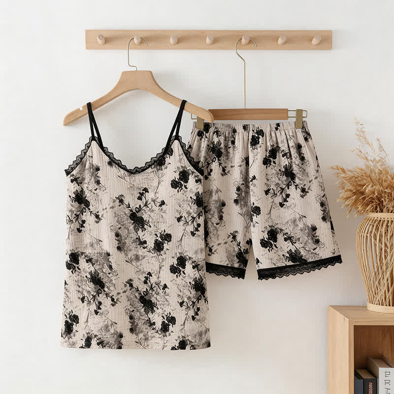 Black Floral Cotton Cami & Shorts Pajamas
