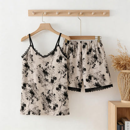 Black Floral Cotton Cami & Shorts Pajamas