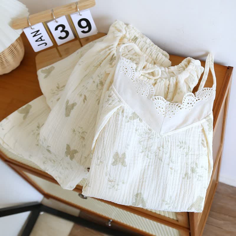 Butterfly & Leaf Pure Cotton Loungewear Set(3PCS)